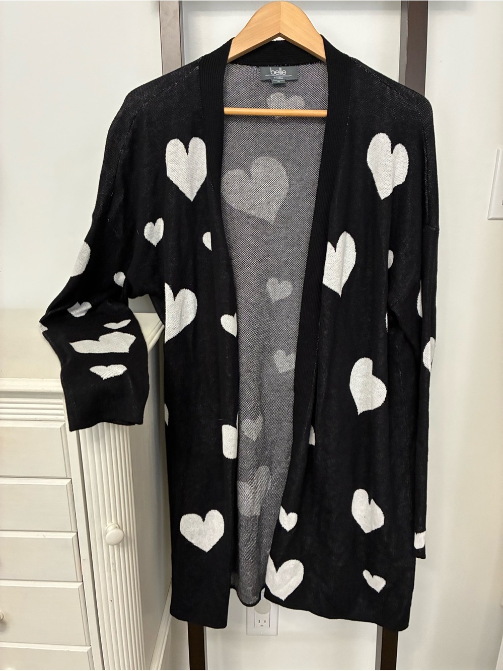 Belle by Belldini Black Open-Front Cardigan with White Heart Pattern. Size XL